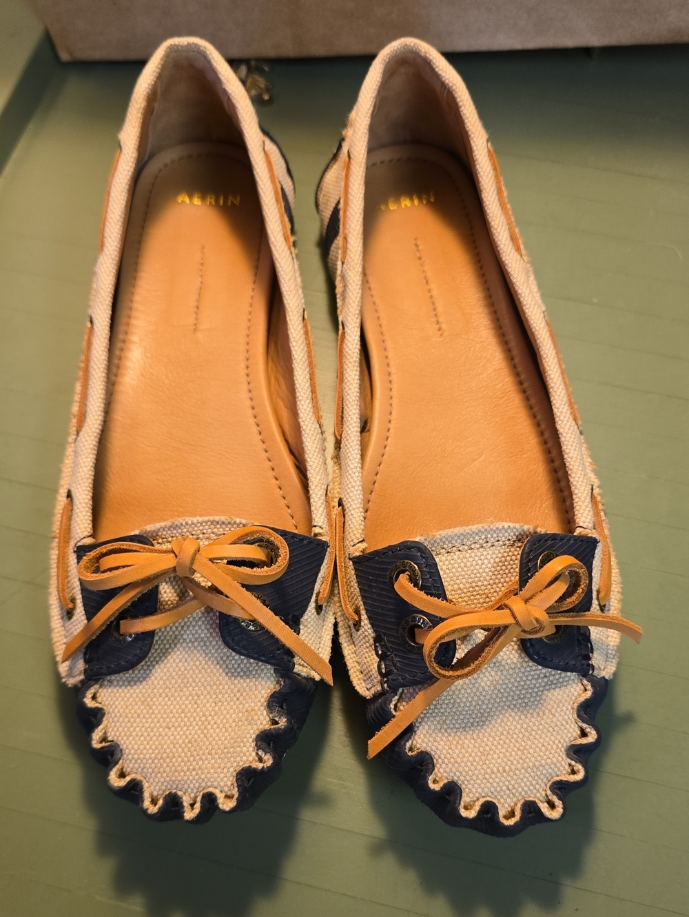Aerin Slip On Flats "SKIPPER"  Boat Shoes Women’s Tan And Navy Size 11 Med